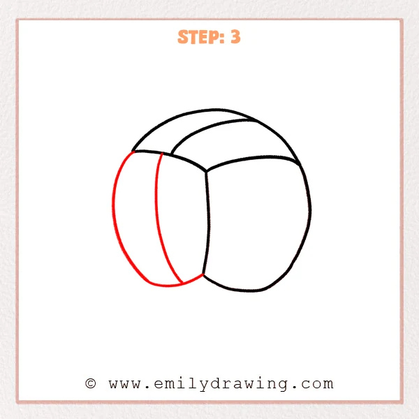 how to draw a cartoon volleyball - Step 3 of a cartoon volleyball drawing adds the left outer curve and an inner curved seam to define the volleyball’s left panel.